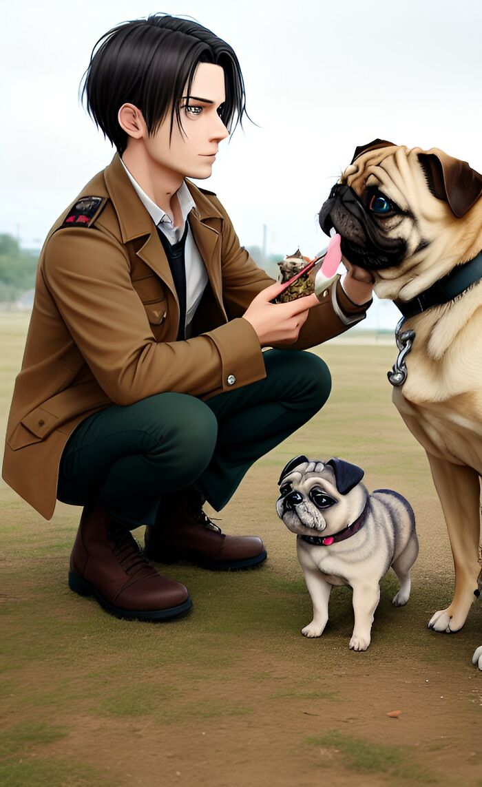 Levi Ackermann Walking A Pug (Ai Generated Picture)