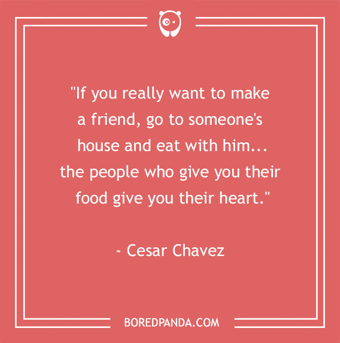 Quote about friendship and sharing food on a red background, relating to food quotes that satisfy gourmands.