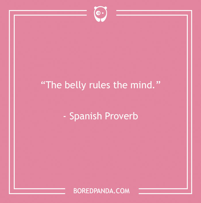 Food quote on a pink background illustrating a Spanish proverb to satisfy your inner gourmand.