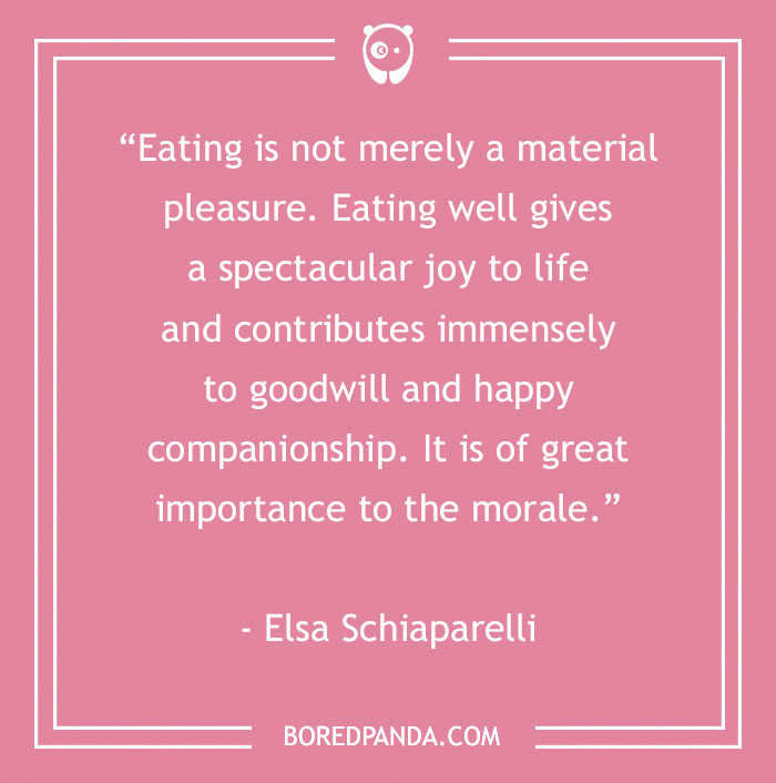 Pink background with a food quote about eating well bringing joy and companionship to satisfy your inner gourmand.