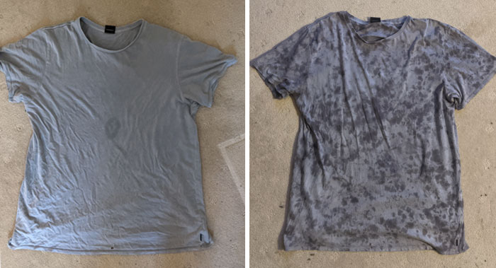 No podía librarme de esta mancha en la camiseta. Usé un viejo tinte y la transformé así