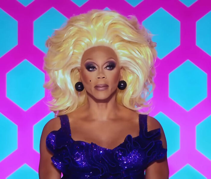 RuPaul wearing blue dress from RuPaul's Drag Race