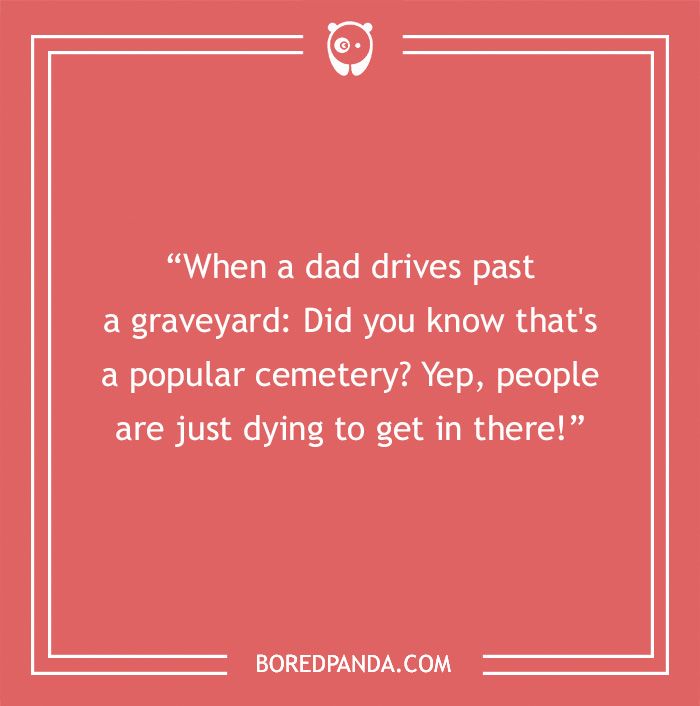 Text against a red background with a funny dad joke about a graveyard.