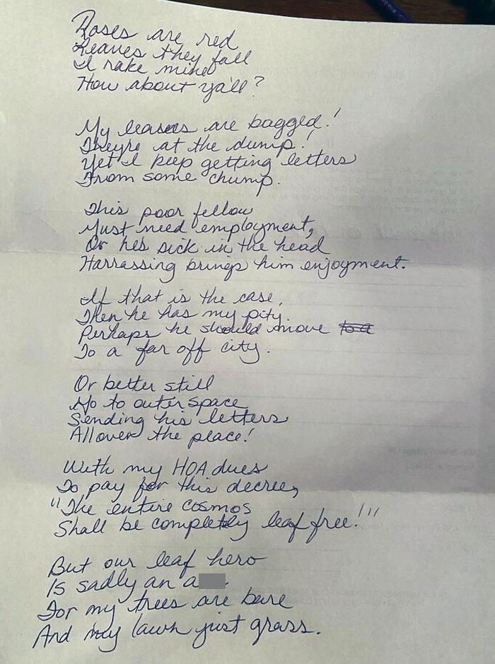 My Mom Keeps Getting Homeowner Association's Letters About Leaves In Her Yard. This Is Her Response