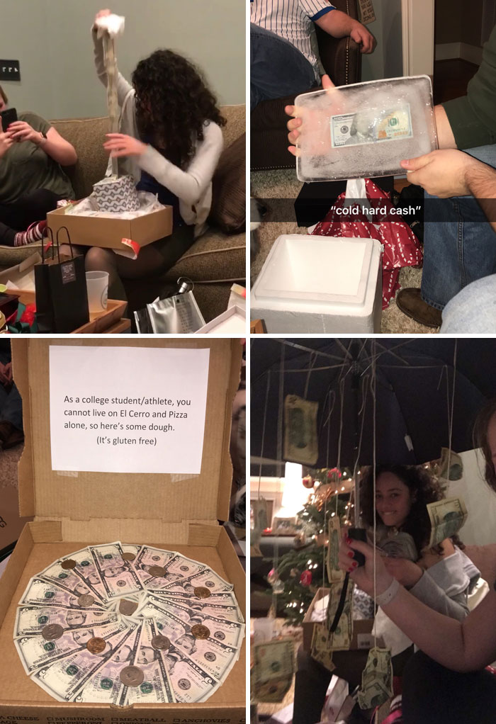 Parents using humor to give cash as gifts: money frozen in ice, arranged like pizza, and hanging from an umbrella.