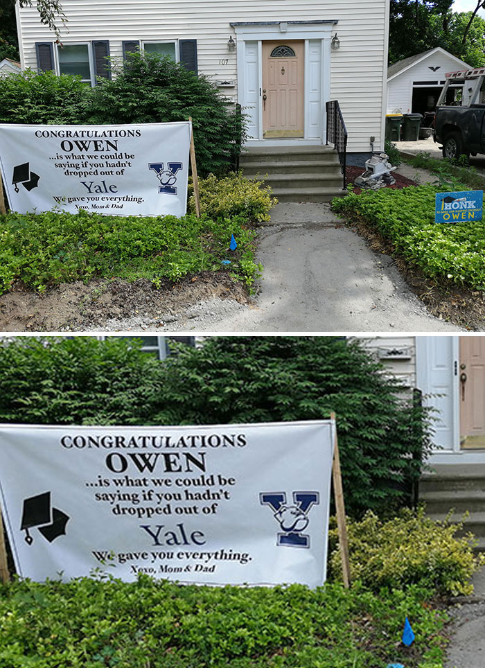 My Parents Took Advantage Of The Graduation Sign Trend To Tease Me For Dropping Out