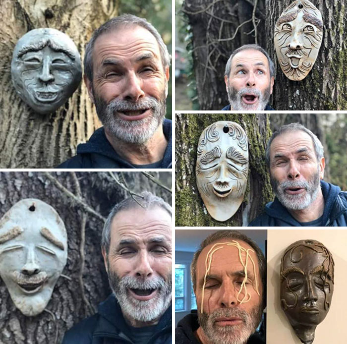 Man humorously mimicking tree masks with funny expressions, showcasing a playful parent sense of humor.