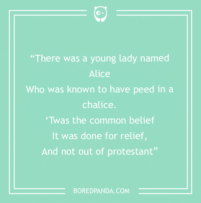 Funny limerick text on a mint green background about a young lady named Alice and a chalice.