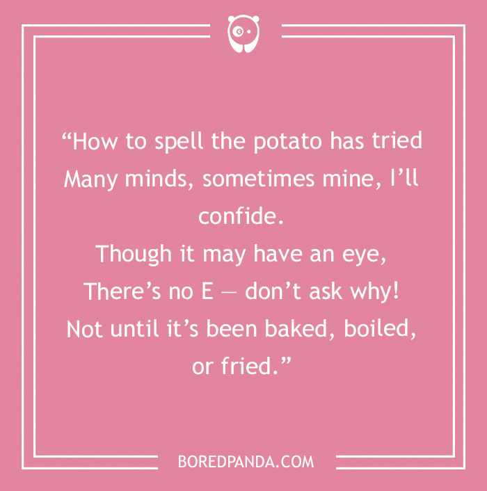 A funny limerick about spelling the word potato on a pink background.