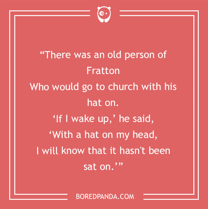 Text of a funny limerick about an old person from Fratton and his hat, on a red background.