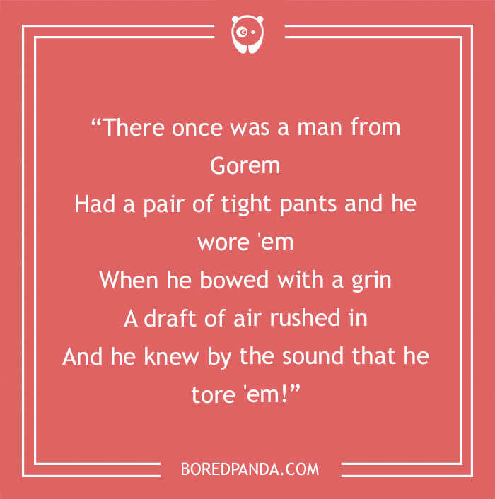 Funny limerick about a man's pants tearing when he bows, set against a red background with white text.
