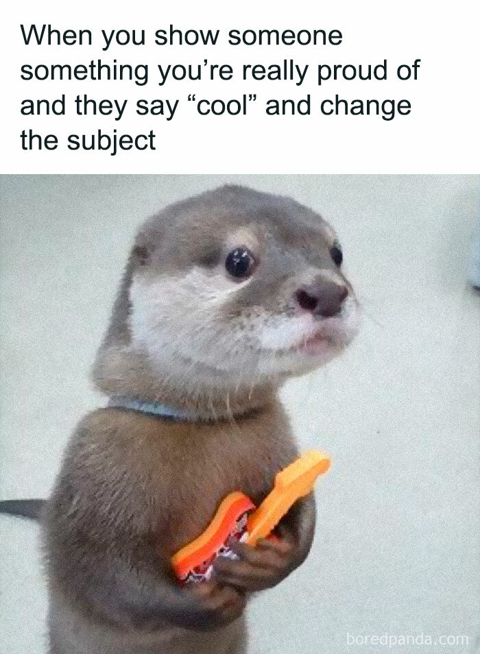 An otter holding a small toy guitar, looking awkward with text about being ignored, capturing a relatable meme moment.