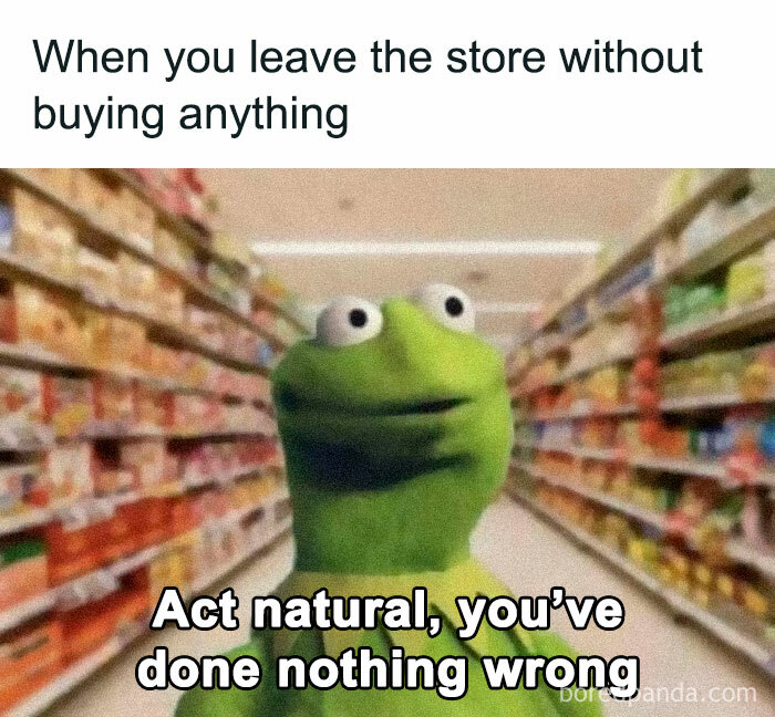 Kermit meme in a grocery store, captioned with humor about leaving without buying; funny and relatable memes.