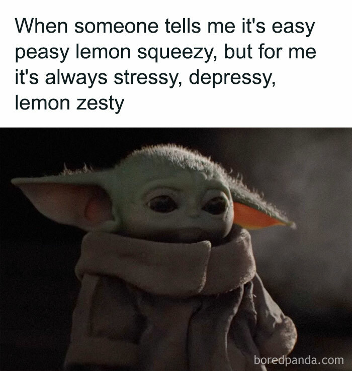 Cute character with relatable meme text about stressy and depressy moments.