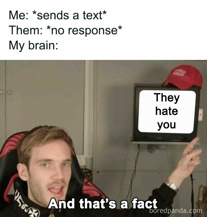 Person pointing at TV with "They hate you" caption, illustrating socially awkward humor.