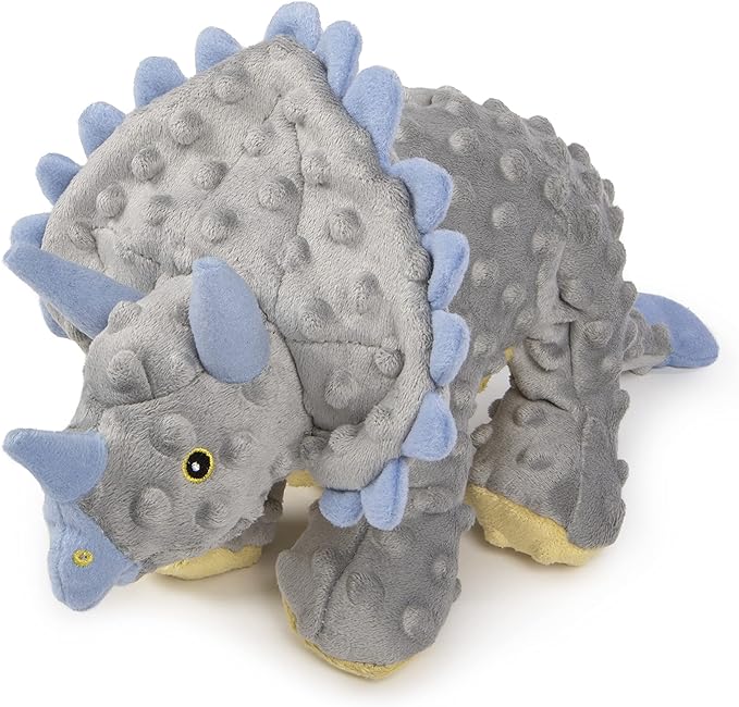 Plush dinosaur dog toy designed for dogs who love to shred, featuring durable fabric with blue accents. Plush dinosaur dog toy designed for dogs who love to shred, featuring durable fabric with blue accents.