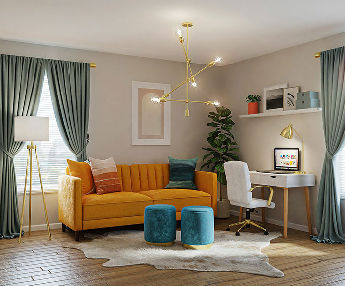 Room with brown sofa, white table with lamps