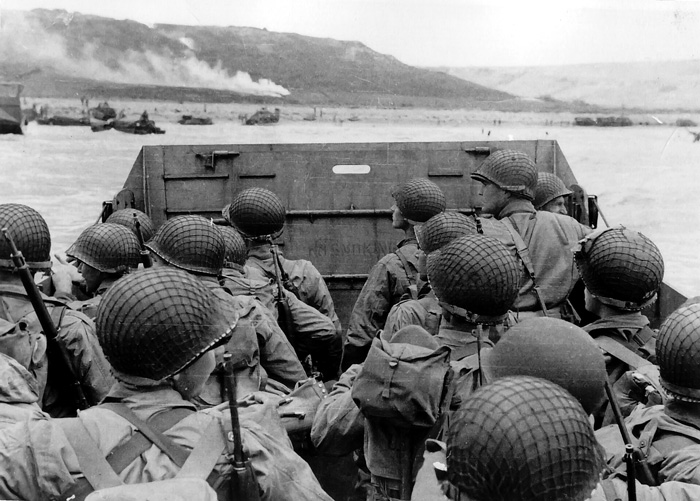 Troops in an LCVP landing craft approaching "Omaha" Beach 