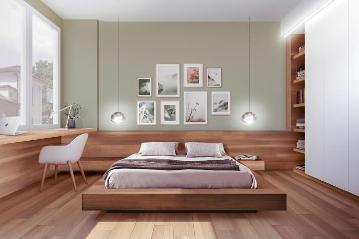 Green bedroom featuring expert-approved interior design ideas with brown wooden furniture and minimalist decor elements.