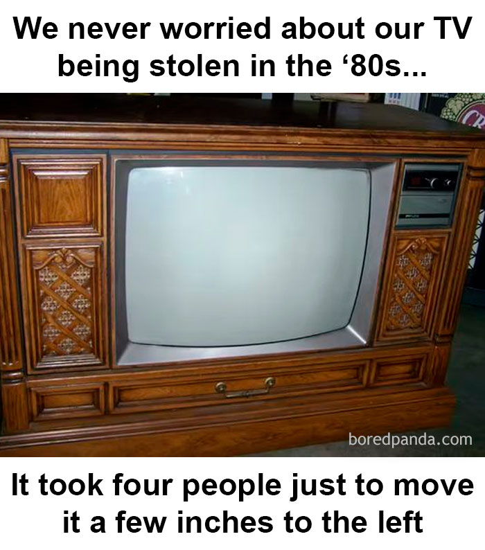 Vintage TV from the '80s with text about how heavy it is, highlighting getting old humor.