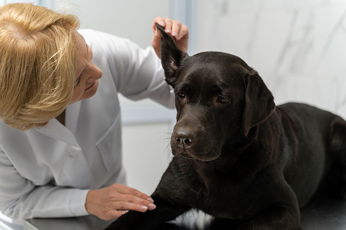 Vet examining a dog's ears, focusing on skin tags. Vet examining a dog's ears, focusing on skin tags.