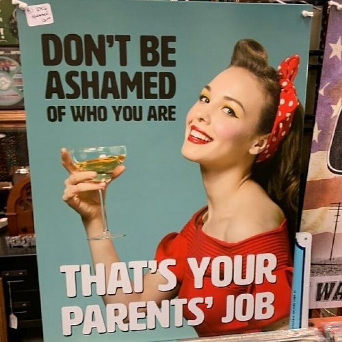 Retro-style poster with a woman holding a drink and a funny thrift store donation item message.