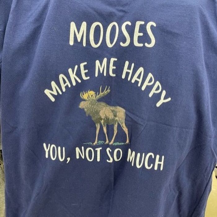 Blue shirt with a moose graphic and the humorous phrase, a weird item donated to thrift stores featured on an IG page.