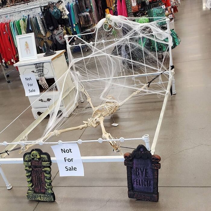 Skeleton tangled in fake spider webs on a thrift store bed frame with Halloween decorations and not for sale signs
