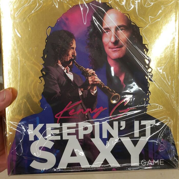 Keepin’ It Saxy game with saxophone player image, unusual thrift store item featured on popular IG page.
