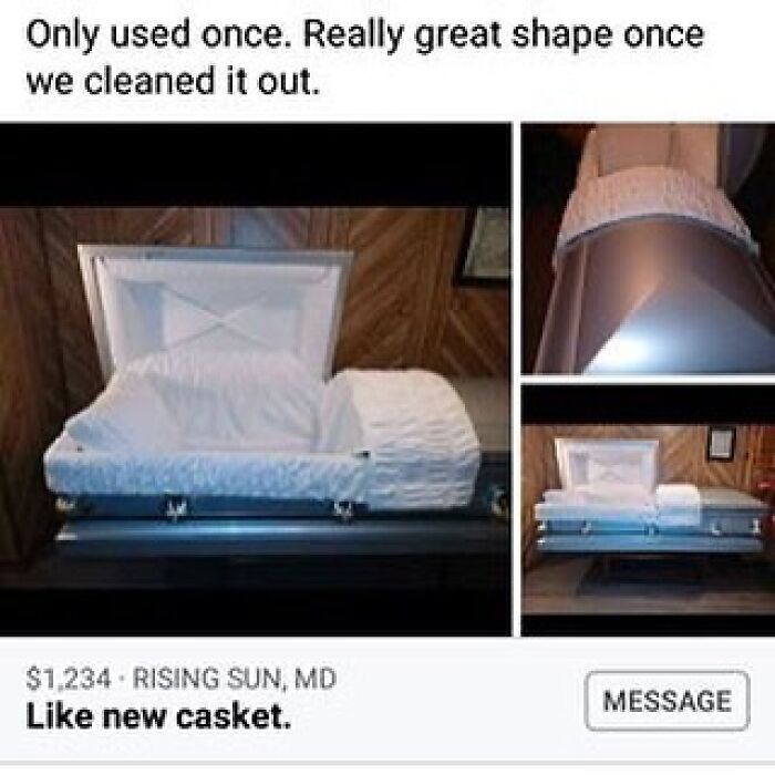 Silver casket with white interior, listed as like new, featured among weird thrift store donations on Instagram page.