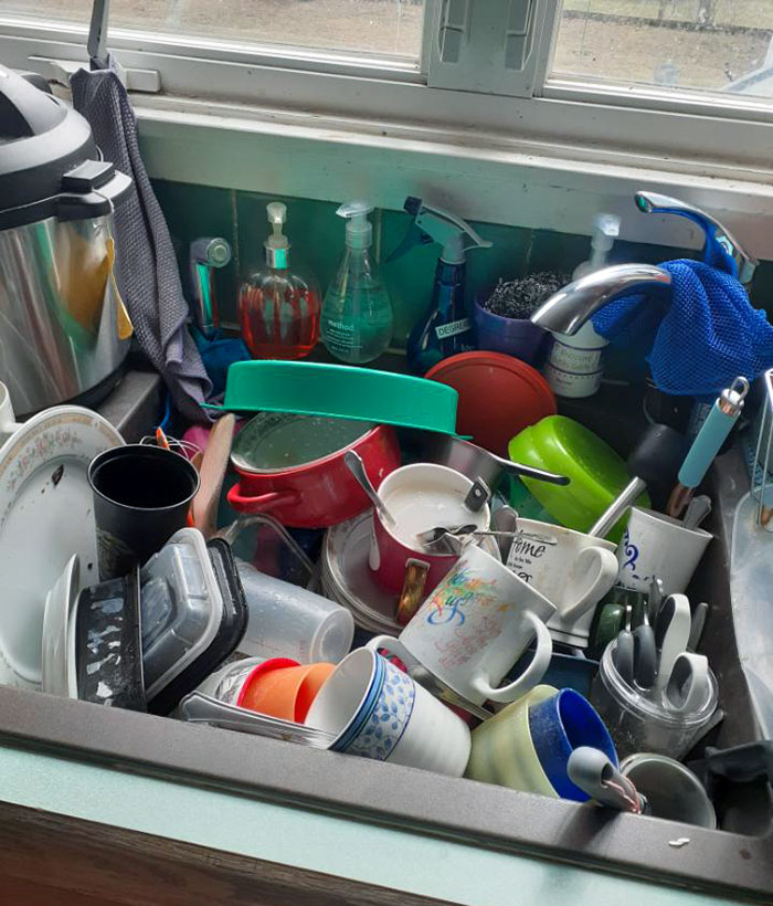 Dishwasher Is Broken, So We Each Have A Dish Day. 6 People In The House, And Sister Never Does Her Dishes On Her Day. Sink Is 3 Ft Deep And Has Been Full For Four Days