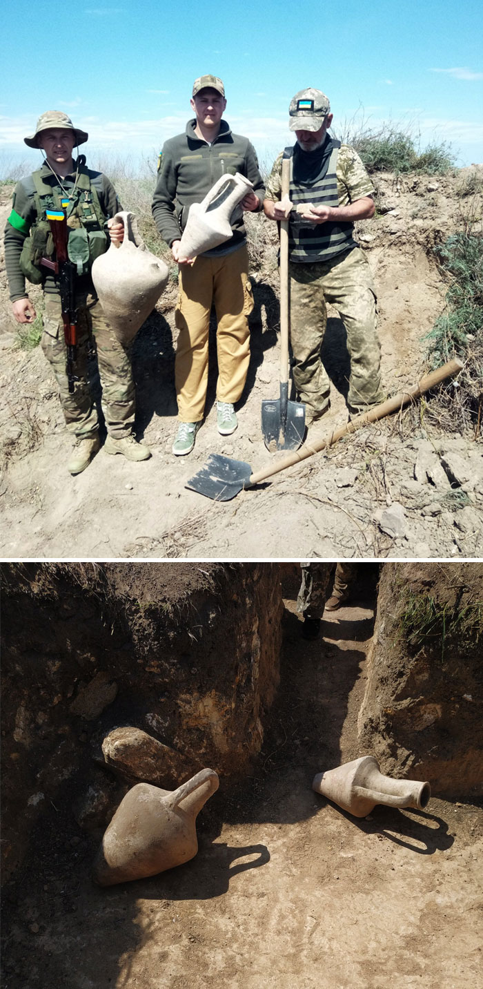 Ukrainian Soldiers Dug Trenches And Discovered Ancient Amphoras Dated To Around 4-5 Centuries BC. Artifacts Were Transferred To The Odessa Archaeological Museum