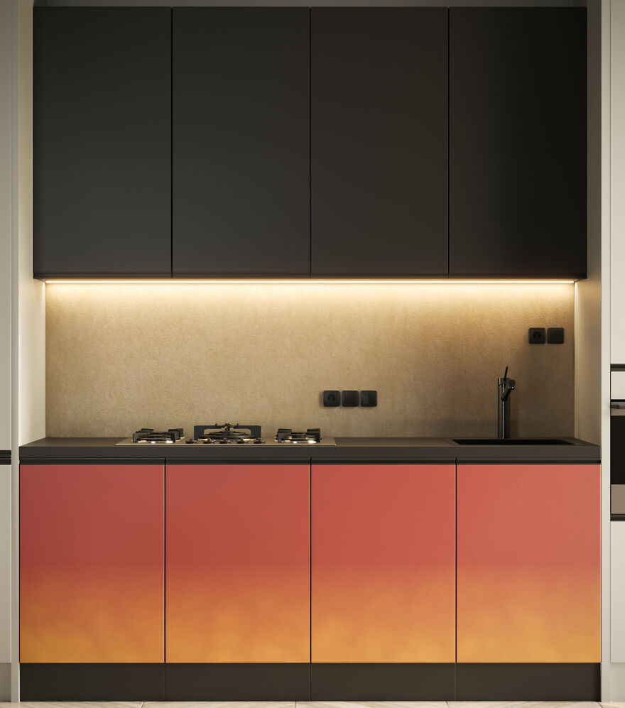 Modern kitchen cabinets featuring a gradient color design with black upper cabinets and warm under-cabinet lighting.