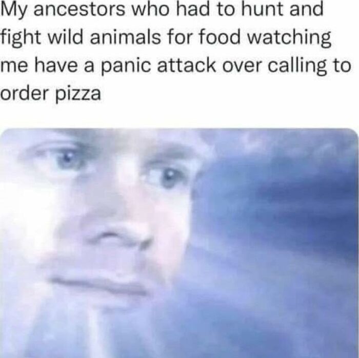 Funny meme showing a thoughtful face with text about ancestors hunting and modern panic over ordering pizza.