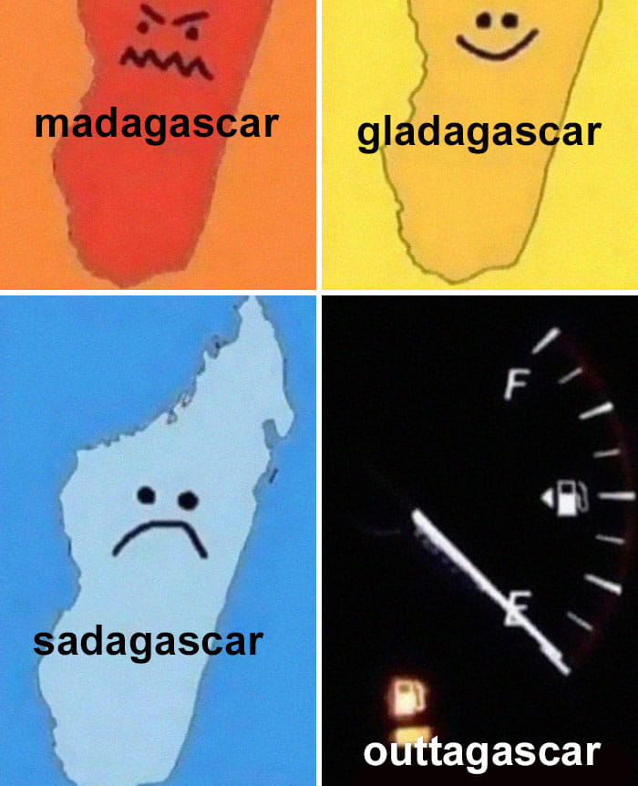 Funny memes showing maps with different emotions and an empty fuel gauge illustrating painfully relatable humor.