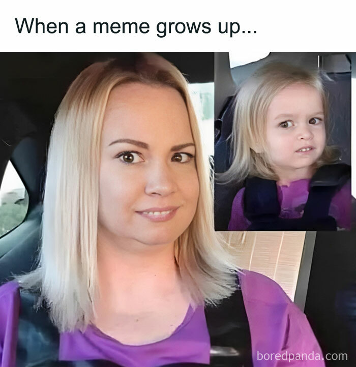 Woman and child wearing purple tops in a car seat with an expression showing a funny and painfully relatable meme moment.