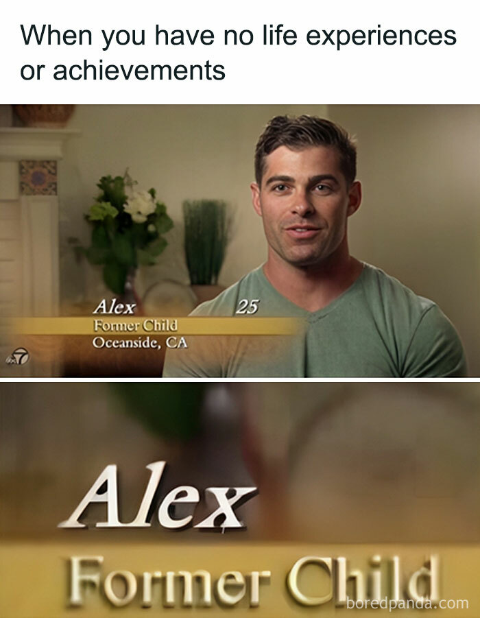 Man named Alex in an interview meme caption about having no life experiences or achievements, funny relatable meme style.