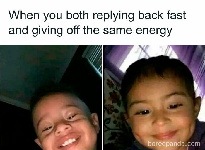 Two images of smiling kids with caption about fast replies, representing funny couples memes.