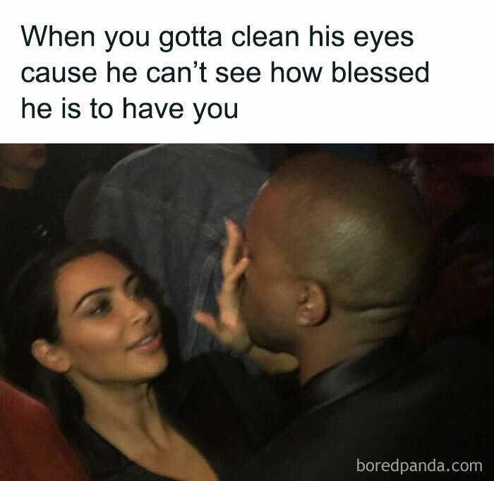 Funny couples meme with a woman playfully touching a man's face in a crowded setting.