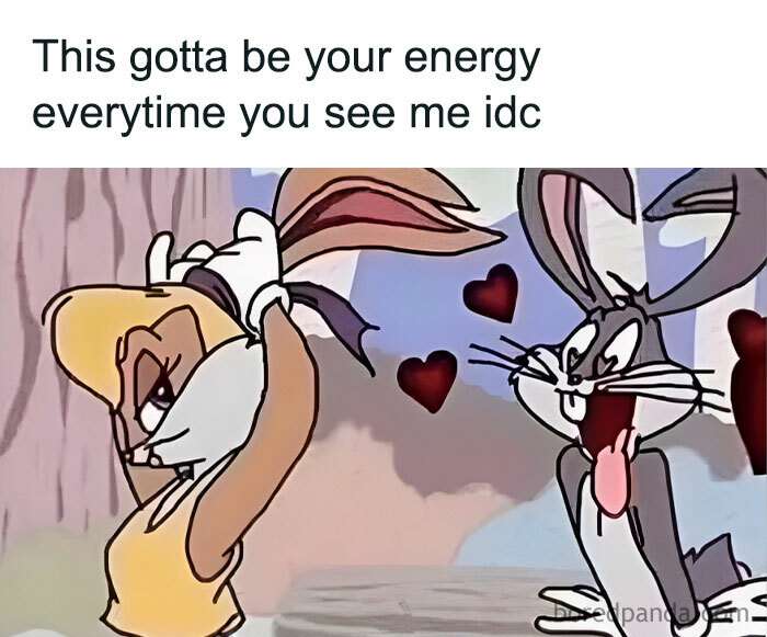 Funny couples meme with characters, one showing excitement and hearts around them.