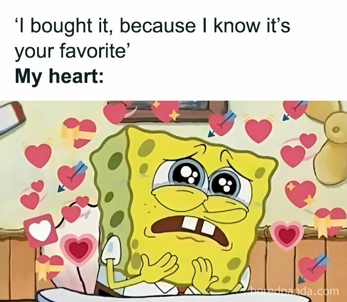 SpongeBob with teary eyes surrounded by hearts, reflecting funny couples memes sentiment.