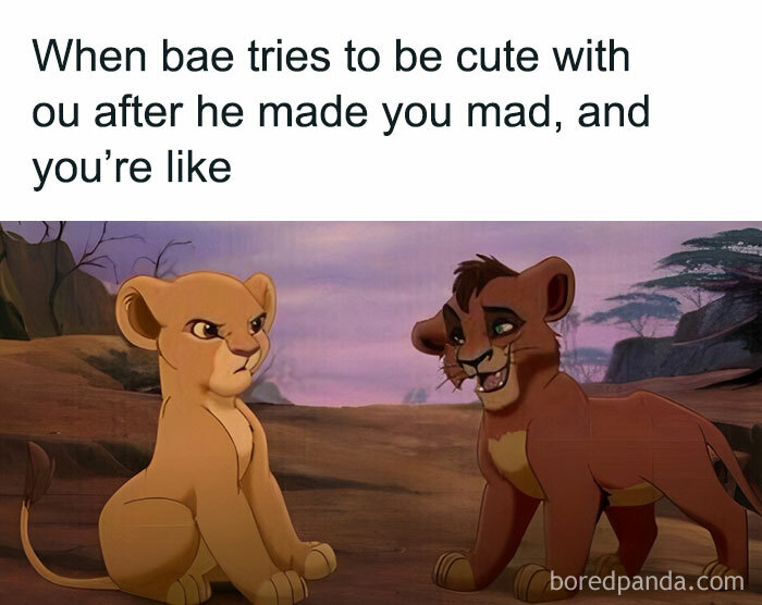 Funny couples meme with animated lions; one looks displeased, and the other is smiling awkwardly.