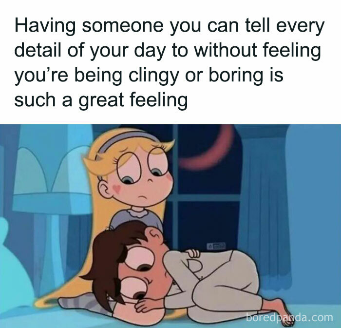 Cartoon couple embracing with a sweet message about sharing daily life, capturing a funny couples meme moment.