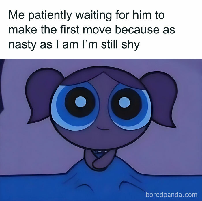 Cartoon character with big eyes and text about waiting for the first move, part of funny couples memes.