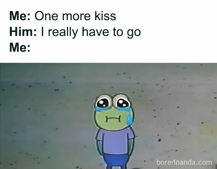 Cartoon frog with teary eyes symbolizing funny couples meme humor.