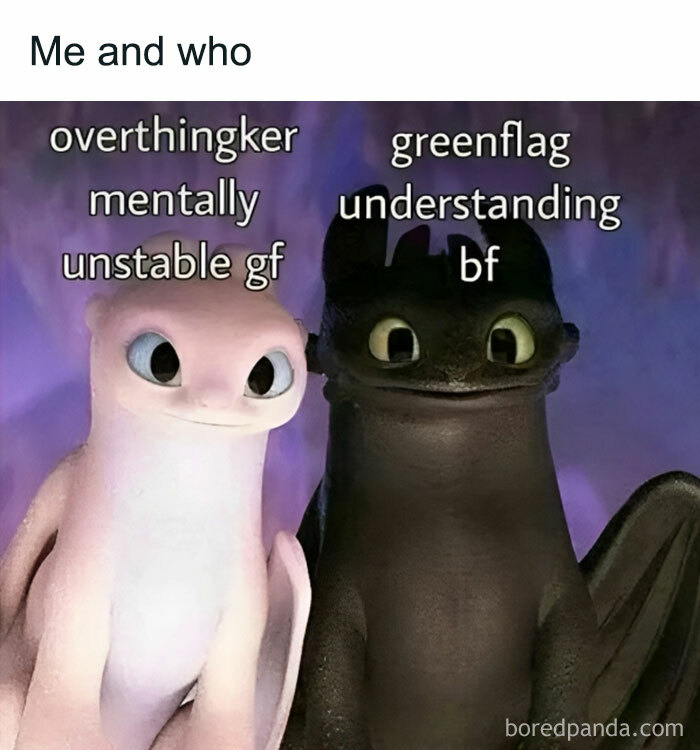 Cartoon dragons labeled as funny couples meme; one as "mentally unstable gf" and the other as "understanding bf".