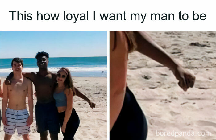 Funny couples meme showing a man keeping his hand away from a woman's waist on the beach.