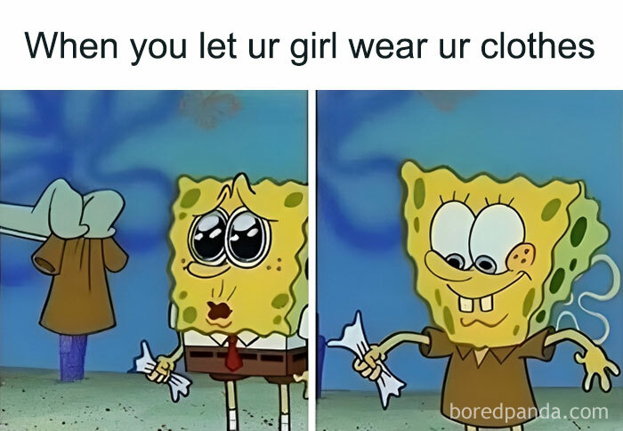 SpongeBob wearing oversized clothes, portraying funny couples meme.