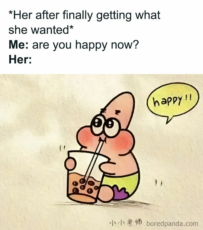 Cartoon character sipping bubble tea with a speech bubble saying "happy" in a funny couples meme.