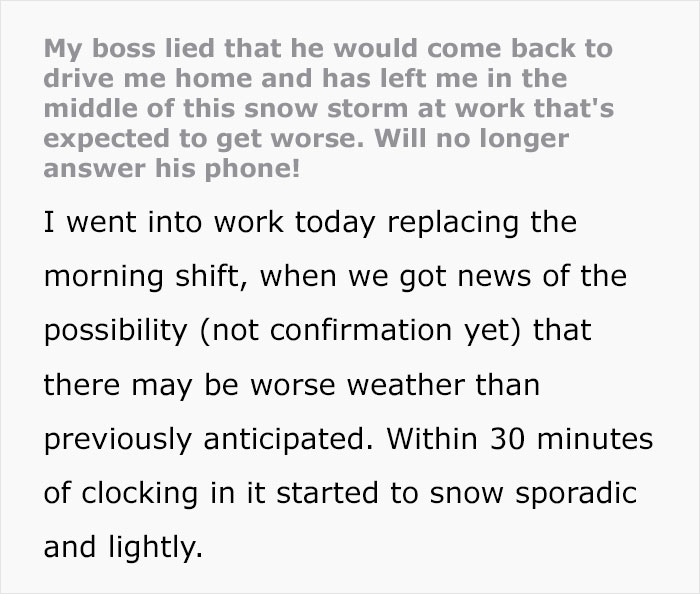 Employee At A Loss On What To Do After Boss Leaves Him Stranded During A Snowstorm